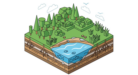 Cross section of earth showing layers and ecosystem with pond and trees.