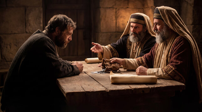 Two men present silver coins to another man. Biblical scene of betrayal for money. Religious imagery for Easter.