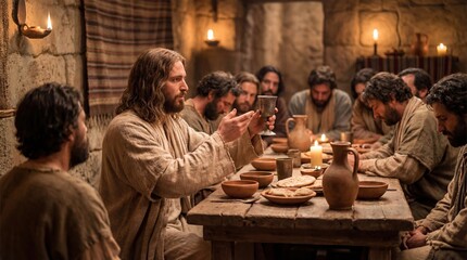 Man Jesus Christ holding chalice with disciples at table. Biblical last supper scene. Christian easter teaching.