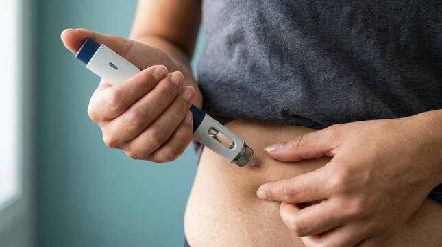 Insulin pen, injection, diabetes, obesity treatment, weight loss injection, healthcare, medical treatment of a person self-administering a dose of medication into the abdomen area.