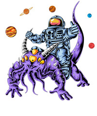 Astronaut riding a friendly purple alien monster in space, funny thumbs up gesture, cosmic adventure surreal illustration, isolated on transparent background. © Totu Tayo