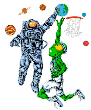 Astronaut playing basketball against a green alien in space, cosmic slam dunk with planets and stars, funny spaceman vs extraterrestrial illustration, isolated on transparent background.