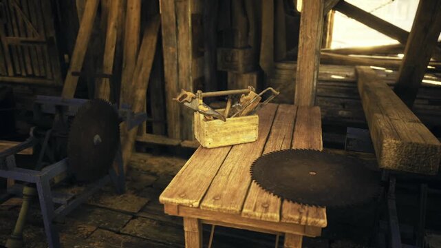 Dusty workbench scattered with tools and basket, metal discs and clamps resting on stained wood, chisel and plane hint at recent carpentry, tactile textures