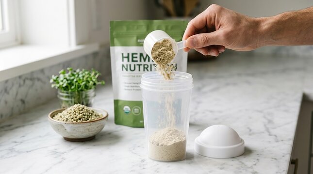 hemp protein, protein powder, shaker bottle, nutritional supplement, healthy lifestyle, vegan protein, fitness nutrition pouring plant-based organic superfood for workout recovery.