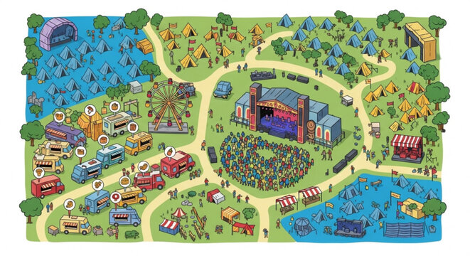 Vibrant illustration of a lively outdoor music festival with stages food stalls and people enjoying leisure activities in a scenic park with lakes and greenery