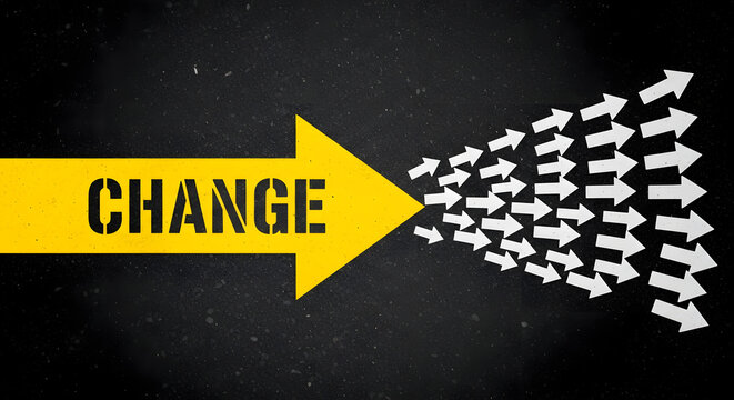 A large yellow arrow labeled CHANGE redirects a multitude of smaller white arrows to the right.