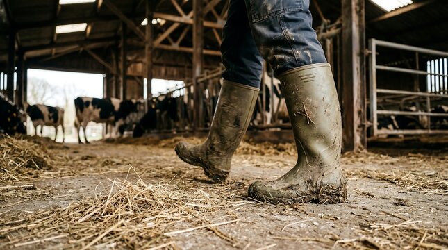 Farmer wearing rubber boots in a stable, Muddy boots walking past a cow barn, Dairy farm worker in dirty wellingtons