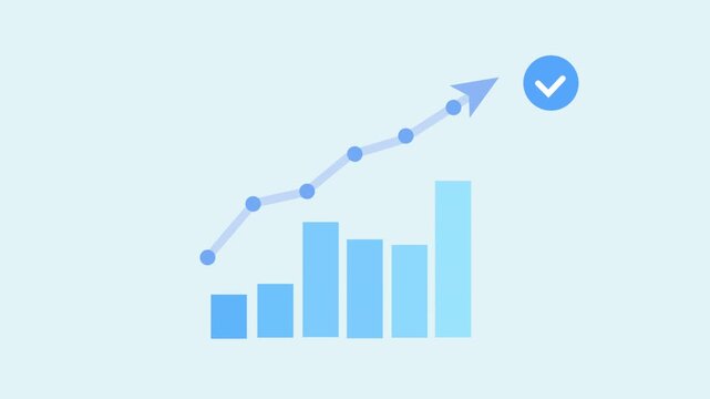 Animated data growth with rising chart and checkmark symbol on clean background, representing success, positive performance, and completed process.