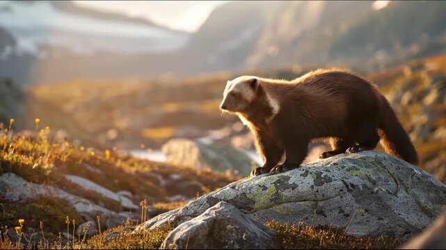 A wolverine walks along a mossy rock in a mountainous landscape, illuminated by soft sunlight
