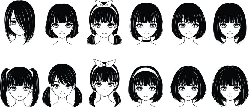 Collection of anime girl character faces with various short and medium black hairstyles for design isolated on transparent background