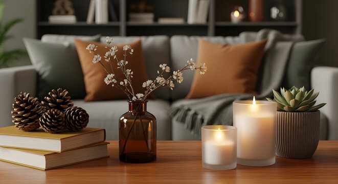 Cozy living room scene with candles, books, and decorative items on a wooden table