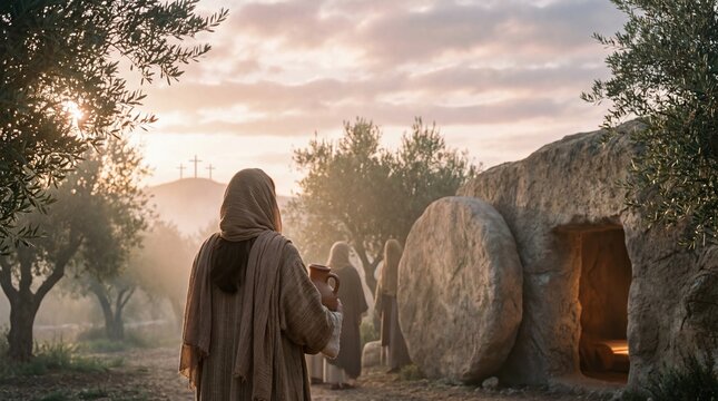 Woman standing near empty tomb of Christ on Resurrection morning. Biblical scene of Easter with crosses on a hill. Christian religious concept.