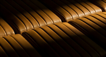 Fototapeta premium Close up of quilted tan leather car seat upholstery with rhythmic stitching pattern shot under dramatic natural light in a minimalist style