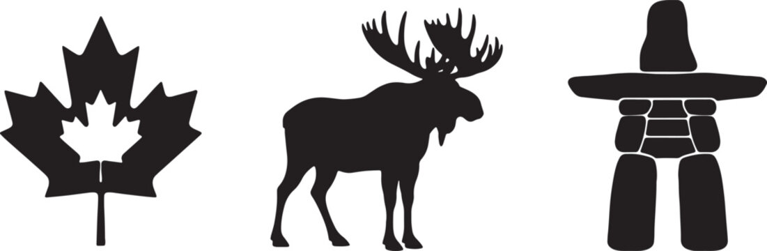 Canada symbols, icons, maple leaf, moose, totem, silhouette isolated on Transparent Background