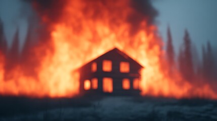 Fototapeta premium A house silhouette is engulfed in intense flames, with a fiery backdrop and dark smoke rising into the sky, suggesting a wildfire or structural fire event.