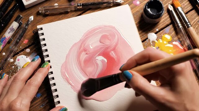 Artist hand mixing pink paint on sketchbook with brush
