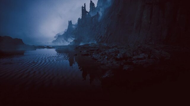 Foggy shoreline approach toward crumbling stronghold, wet rocks and shallow pools in foreground, distant battlement silhouettes and glossy water reflections,