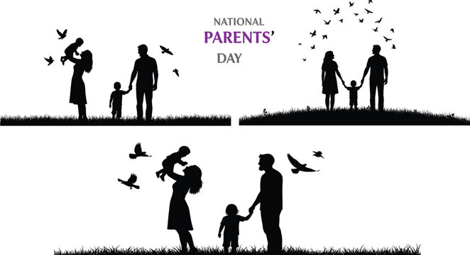 Family silhouette with birds celebrating parenthood and togetherness in nature