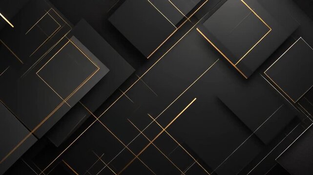 A geometric abstract composition of black angular shapes with gold highlights and lines