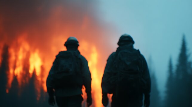 Two firefighters stand facing a large forest fire, silhouetted against intense orange flames and smoke in a dark, smoky environment.