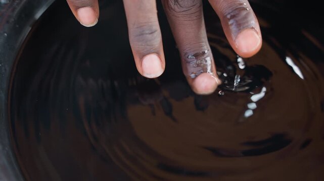 Apprentice fingers stirring dark wood stain, swirl motion creating glossy ripples, hands testing color and varnish blend, focused craft practice in workshop, careful technique and study