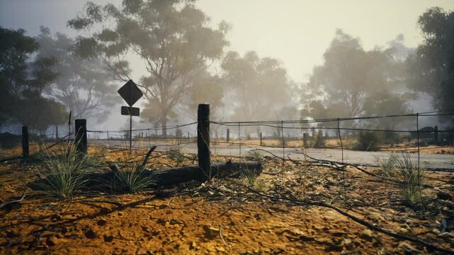 Foggy country road at sunrise, warm sunlight slicing mist, weathered fence posts lining gravel path, rusty sign near muddy puddles, dewkissed grass and distant