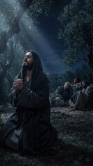 Obraz na płótnie Canvas Jesus praying in Gethsemane garden at night. Man in robe kneeling under olive tree while disciples sleep. Biblical scene of suffering before crucifixion. Religious spiritual faith concept.