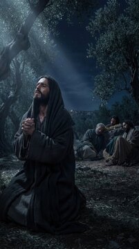 Jesus praying in Gethsemane garden at night. Man in robe kneeling under olive tree while disciples sleep. Biblical scene of suffering before crucifixion. Religious spiritual faith concept.