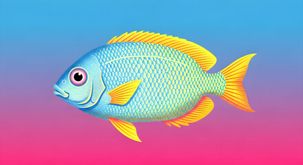 Fototapeta premium Side profile of a stylized blue tropical fish with yellow fins against a vibrant gradient background for decorative design purposes
