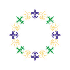 Colorful Mardi Gras wreath frame with fleur de lis symbols. Purple, green and gold decorative circle for carnival invitation. Mardi Gras round frame from fleur de lis signs, isolated on white. © LENNAMATS