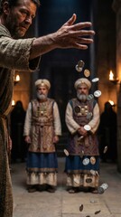 Judas Iscariot throwing silver coins before high priests. Dramatic biblical scene of betrayal and regret. Historical religious concept depicting the repentance of a man in ancient times.