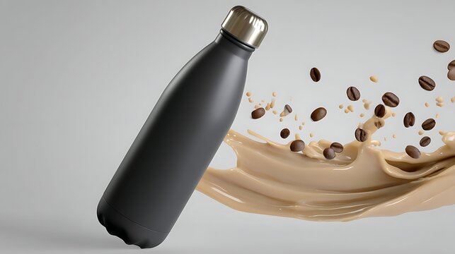 Stylish black metal bottle with coffee splash and coffee beans