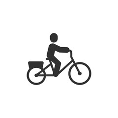 Fototapeta premium Person riding bicycle with rear basket icon. Daily commute and city cycling concept. Monochrome black and white symbol