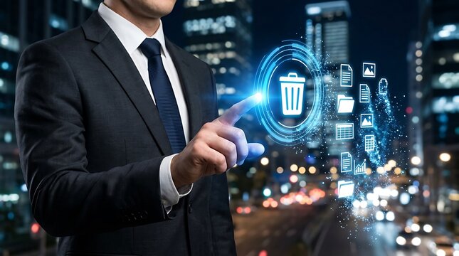 Businessman securely deleting sensitive digital data, symbolizing effective information management and cyber security compliance in an urban setting.