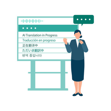 Modern businesswoman presenting with a smart microphone using artificial intelligence for seamless multi-language interpretation.
