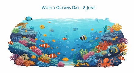 Naklejka premium Vibrant World Oceans Day illustration with colorful coral reef, diverse marine life. Underwater World Oceans Day scene features fish, sea turtle, octopus,
