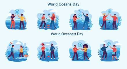 Fototapeta premium People celebrating World Oceans Day. Characters engage marine protection, raising cleanup, conservation awareness, emphasizing World Oceans Day importance. Concept World Oceans Day campaigns,
