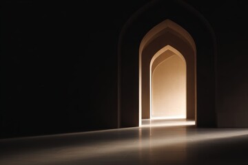 Fototapeta premium Islamic arch hallway leading toward bright courtyard, depth perspective shot