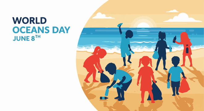 World Oceans Day celebration with children cleaning beach at sunset, collecting plastic waste.