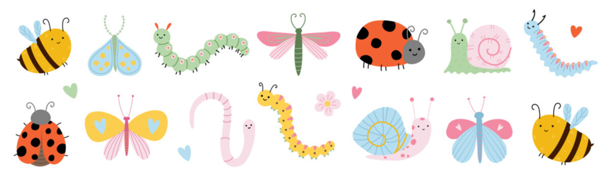 Insects set with bee, butterfly, and ladybug characters in a silly childish doodle style. Minimalist stylish and modern vector illustration for nursery textiles, packaging, and stationery.