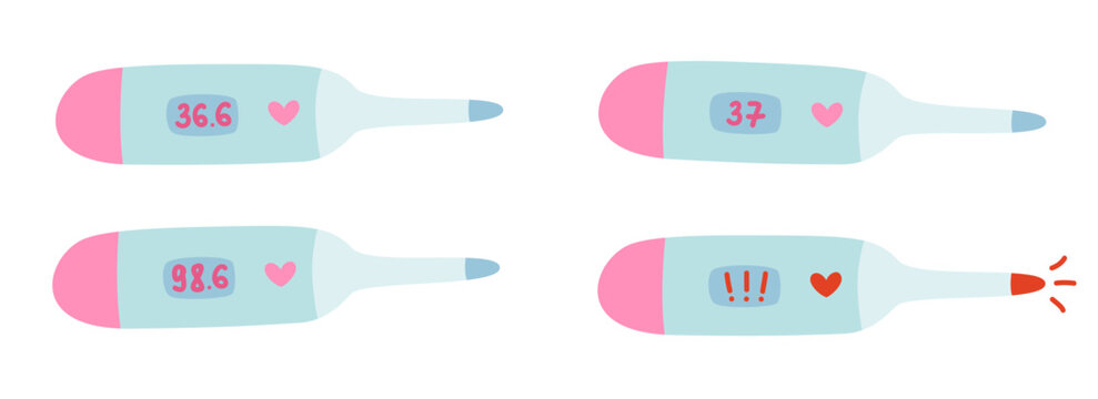Digital thermometer vector collection showing normal and fever body temperature. Features readings for 36.6C, 37C, 98.6F, and alarm. Childish kawaii medicine doodles on white. healthcare design.