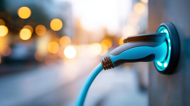 Faceless close-up of a bright blue charging cable plugged firmly into an electric vehicle's port at a modern charging station, green LED indicator glowing, defocused evening cityscape, eco