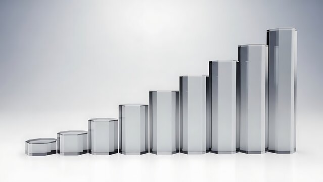 Sleek transparent glass hexagonal podium stages display a perfect ascending bar chart representing steady financial growth and business achievement in a bright minimalist environment