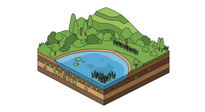 Cross section of a pond ecosystem with surrounding landscape.