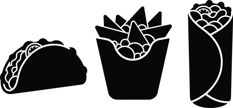 Mexican food including taco, burrito, and nachos with cheese and chili peppers