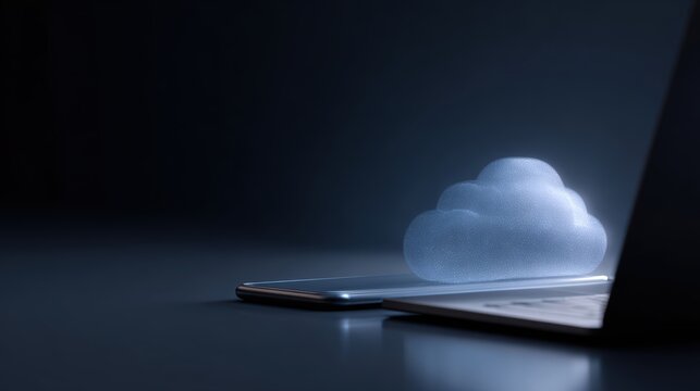 Cloud computing hologram emerging from smartphone beside laptop, secure data infrastructure concept