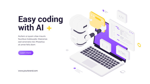 Modern isometric banner template showing robot assistant with coding screen and laptop, surrounded by programming symbols, technology icons and innovation elements for AI learning platforms