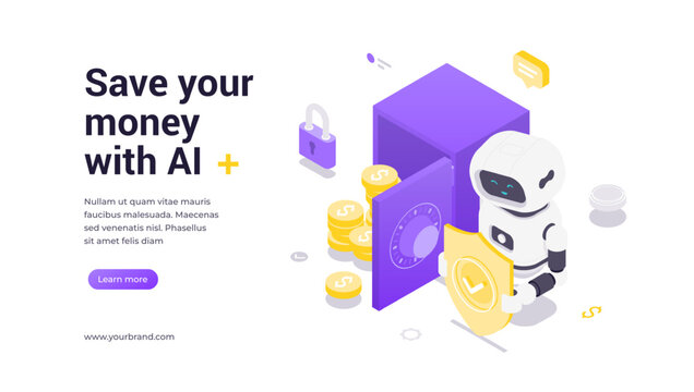 Isometric vector banner template showing robot holding shield near safe with coins and locks, representing artificial intelligence, digital security, finance protection, technology, and innovation.