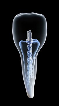 3d tooth animation. Isolated rotating 3d tooth model. filling and pin in the tooth. Soaring beautiful white dental 3d rendering.