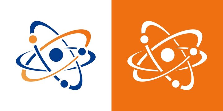 Atom icon. Quantum physics. Medical symbol. Nuclear energy. Molecule structure. Fusion reactor. Proton core. Atomic neutron power. Vector illustration
